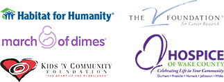 Logos of community organizations: Habitat for Humanity, The V Foundation, March of Dimes, Kids Community Foundation, Hospice of Wake County